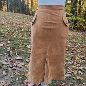Tan Genuine Leather Suede Terry Lewis Vintage Neutral Classic Midi Length Skirt
